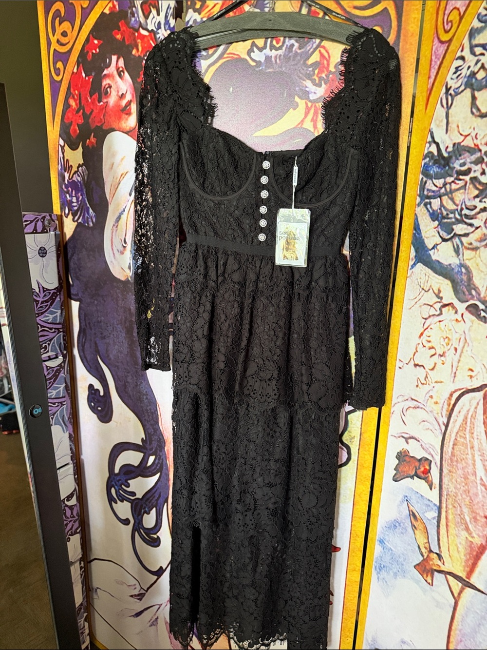 Self Portrait Black Lace Long Sleeve Midi DressNWT